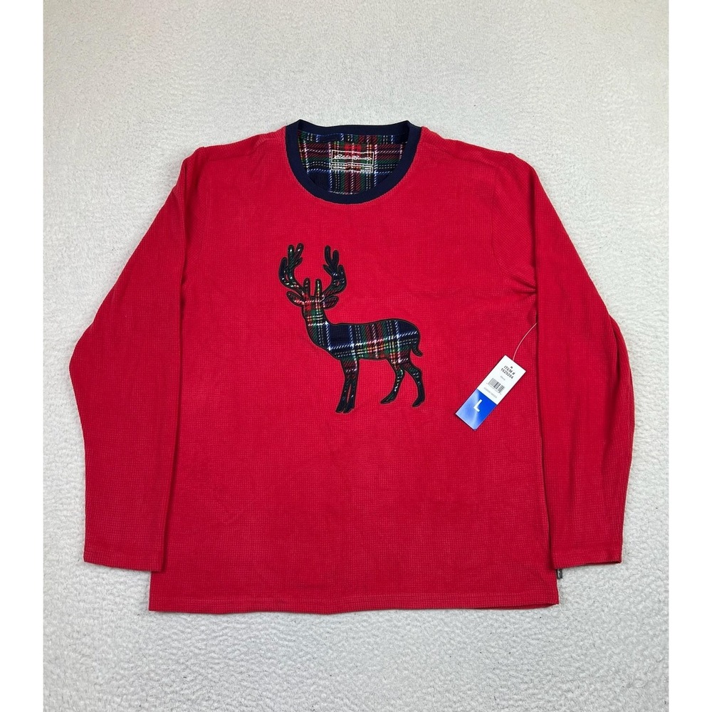 Eddie Bauer Pajama Shirt Mens Large Red Plaid‎ Reindeer Waffle Knit Long Sleeve